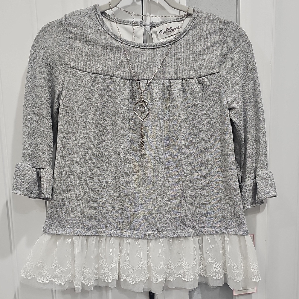 💥Rare Editions Gray Blouse with Lace Trim 💥